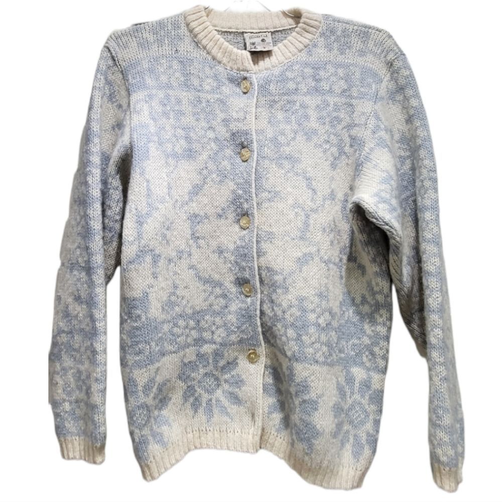 Vintage 80s HILDA LTD Blue/White Floral Granny Sweater Cardigan‎ Size Small